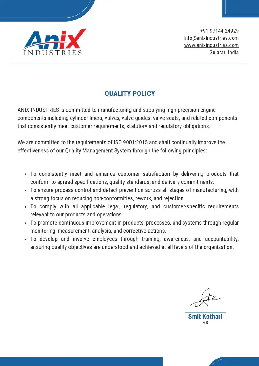 Anix Industries quality policy document
